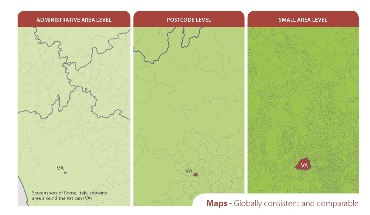 Different levels of area maps from MBI: postcode boundaries map (ZIP), administrative area map, small area map