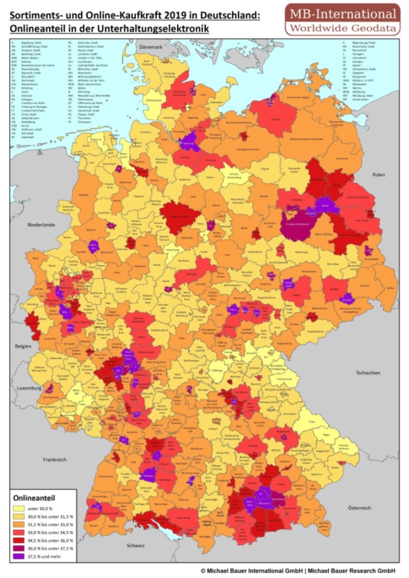 Map showing assortment and online purchasing power in Germany in 2019: Online share in consumer electronics