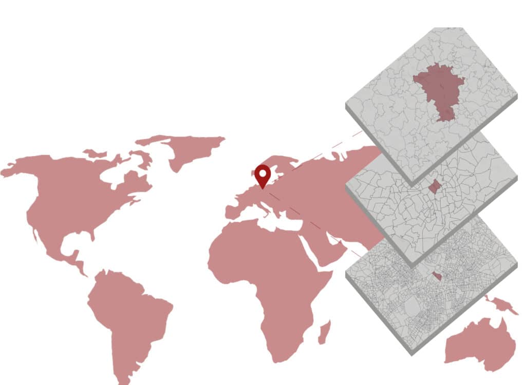 Beispielhafte Darstellung der postalischen, adminstrativen und mikrogeographischen Gebietsgrenzen für Berlin, Deutschland