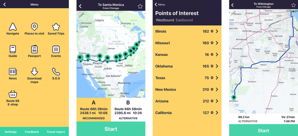 Bild zeigt verschiedene Screenshots, die die Funktionalitäten der Route 66 Navigations-App erläutern