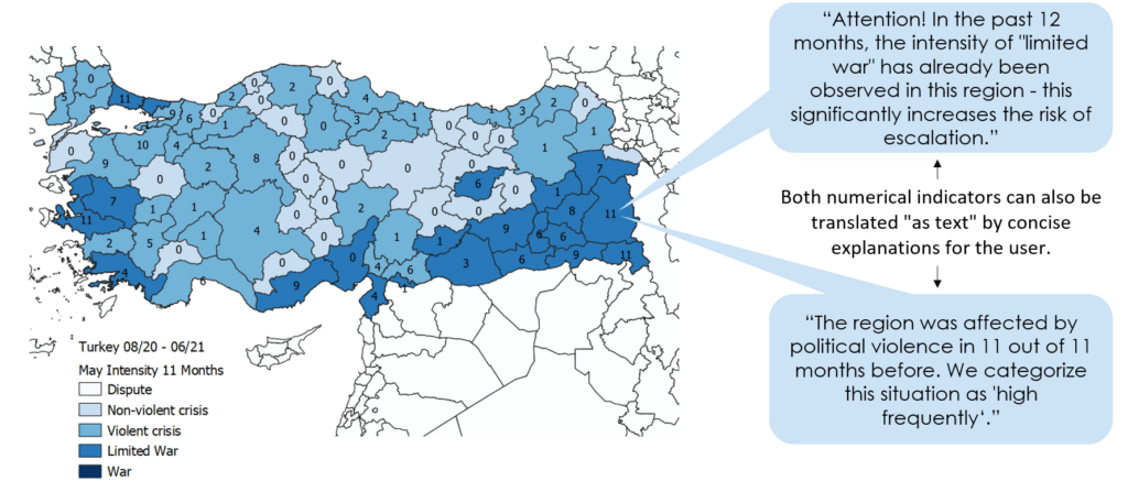 Karte der Türkei mit Intensität der Konflikte (11 Monate). Die Intensität "limited war" konnte in dieser Region in den letzten 12 Monaten beobachtet werden. In 11 von 11 monaten war die Region von politischer Gewalt betroffen. Beide numerischen Indikatoren können auch als Text übersetzt werden, als kurze Erklärungen für den Nutzer.