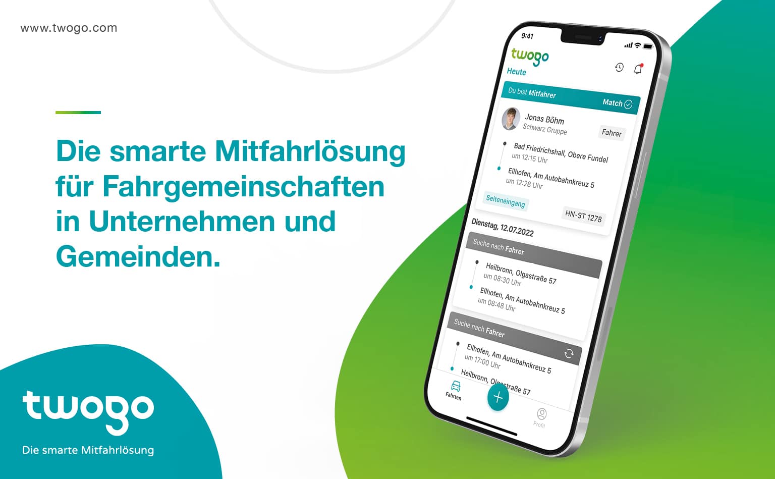 Beispielhafte Darstellung der smarten Ridesharing App twogo auf einem Smartphone