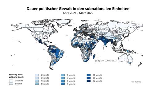 Weltkarte mit der Dauer politischer Gewalt in den subnationalen Einheiten