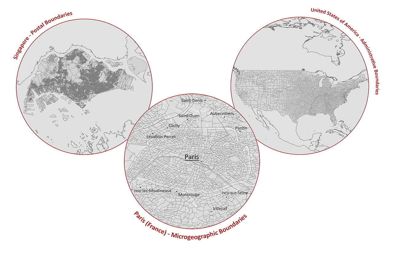 Beispielhafte Darstellung von administrativen, postalischen und mikrogeographischen Grenzen