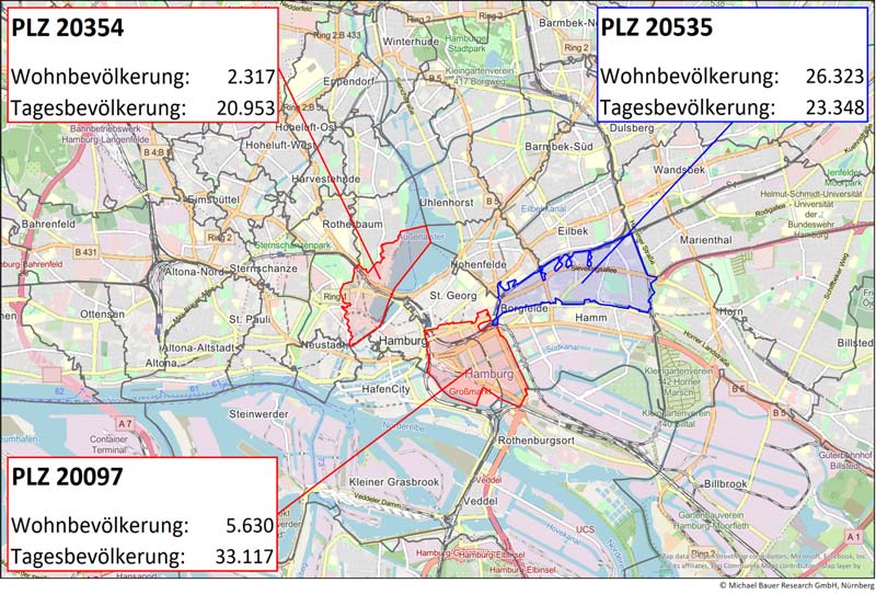 Die Karte zeigt die Wohnbevölkerung und die Tagesbevölkerung, die mit Bewegungsdaten berechnet wurden, in Hamburg.