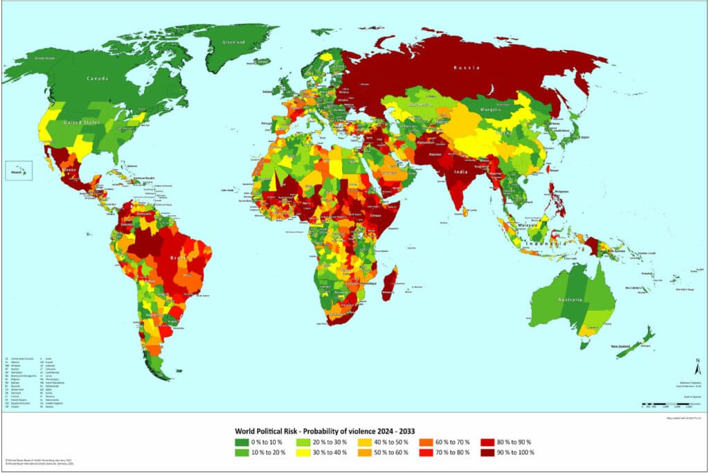 Eine Karte des weltweiten Risikoindikators für politische Gewalt.