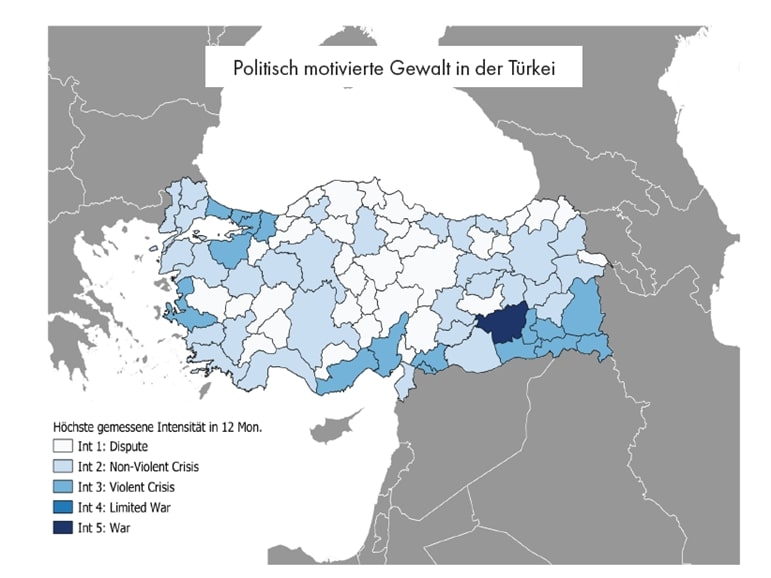 Feingliedrig unterteilte Karte der politisch motivierten Gewalt unterstützt beim De-Risking.