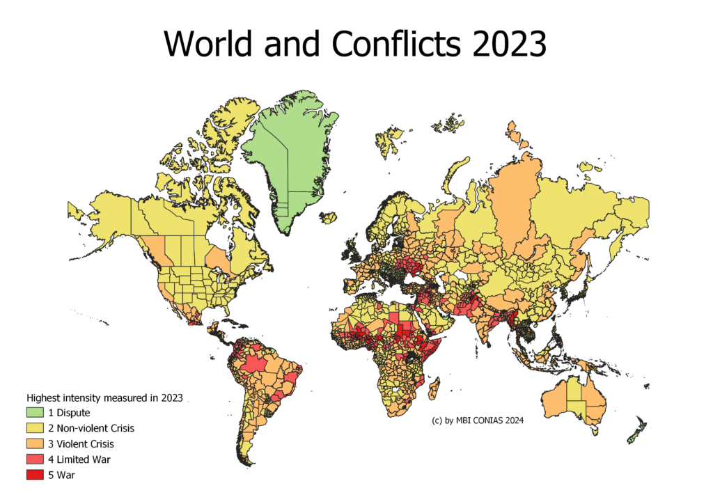 Karte, die die politischen Risiken und deren Intensität im Jahr 2023 zeigt