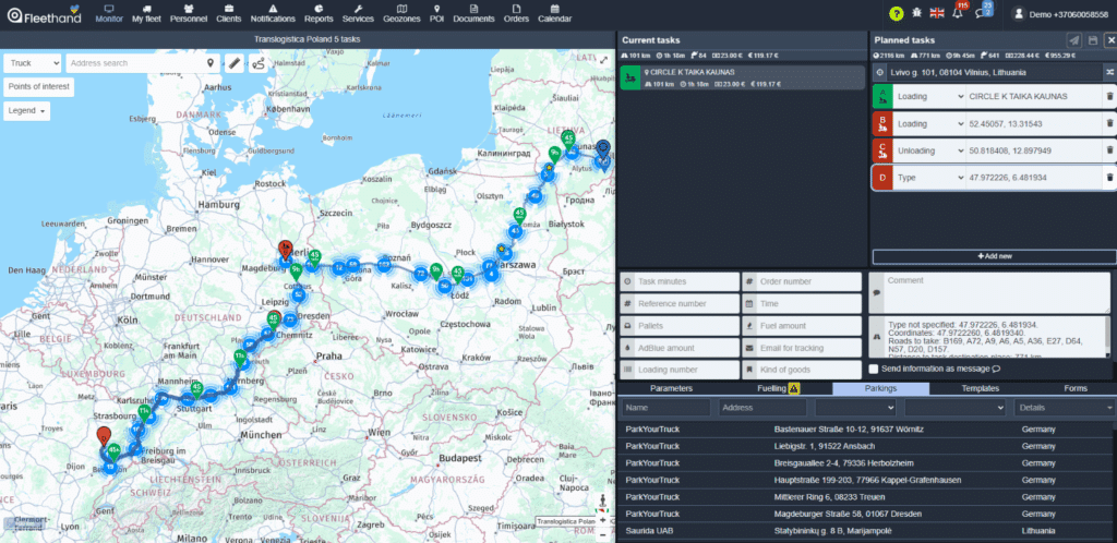 Screenshot einer Routenplanung im Fleethand Tool