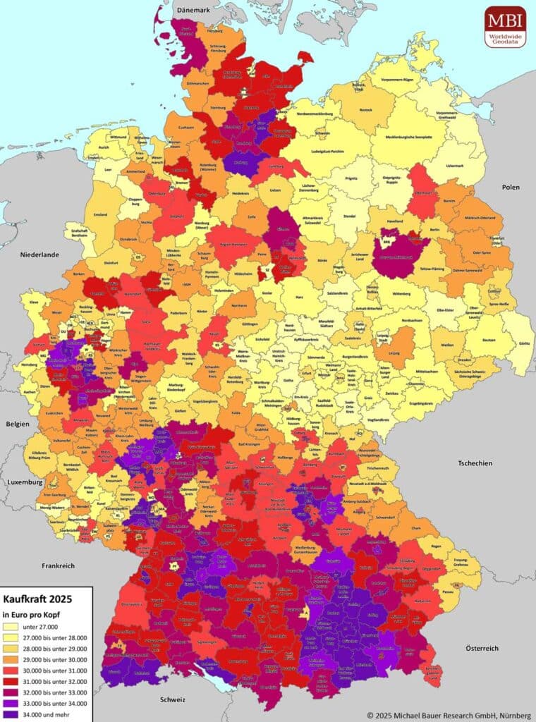 Karte von Deutschland mit der MBI Kaufkraft pro Kopf in Euro eingezeichnet für das Jahr 2025