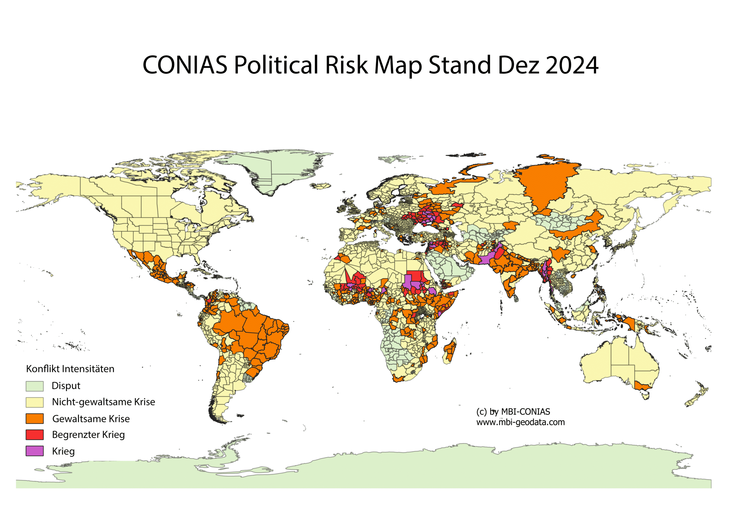 Karte, die politische Risiken weltweit im Dezember 2024 darstellt