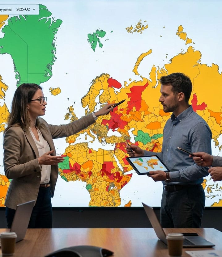 Politische Risikoanalysten stehen vor dem politischen Konflikt-Dashboard und monitoren Konflikte für das strategische Risikomanagement.