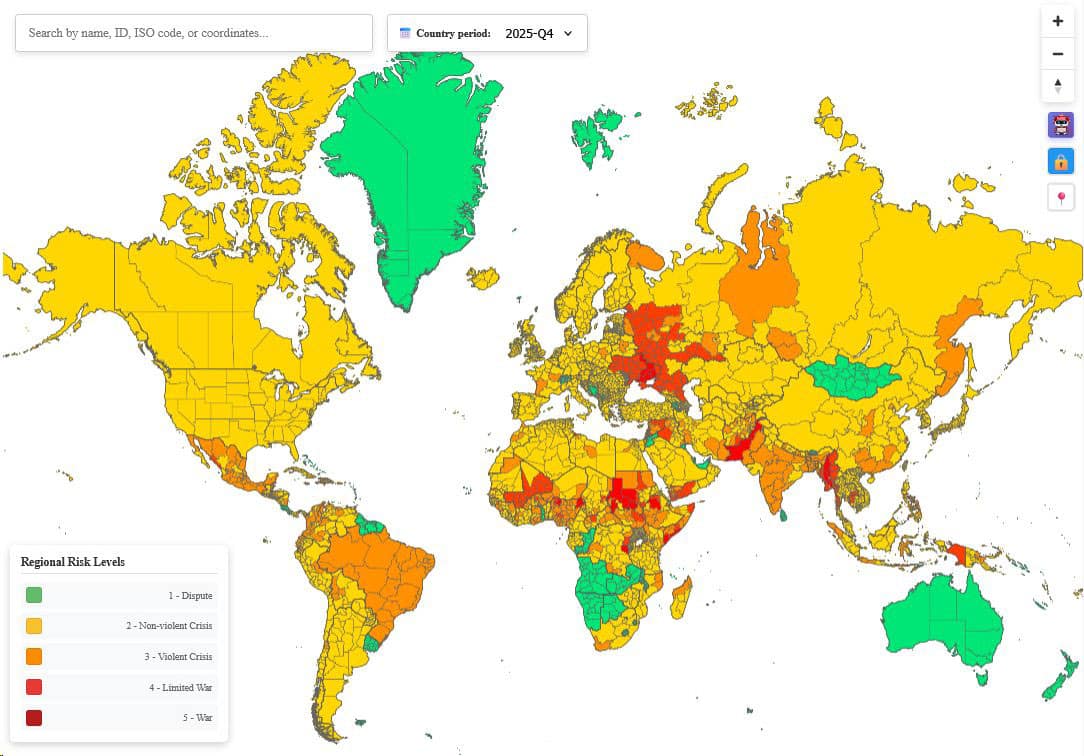 Weltkarte mit Konflikten farblich markiert nach 5 Konfliktstufen im politischen Konflikt-Dashboard