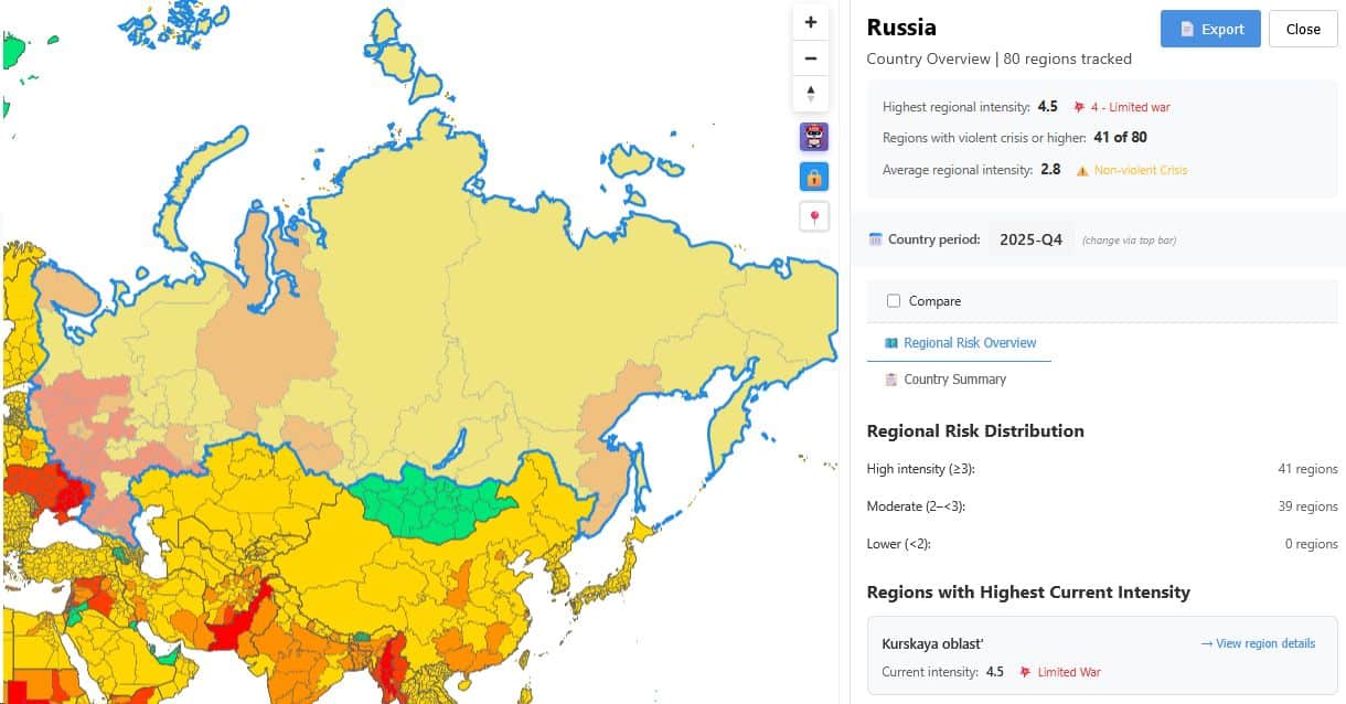 Das geopolitische Konflikt-Dashboard zeigt Russland auf der nationalen Ebene.