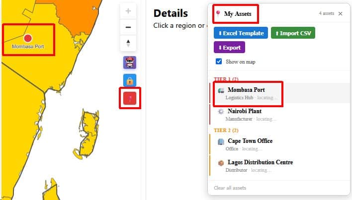 Im geopolitischen Konflikt-Dashboard können eigene Standortlisten geladen werden.