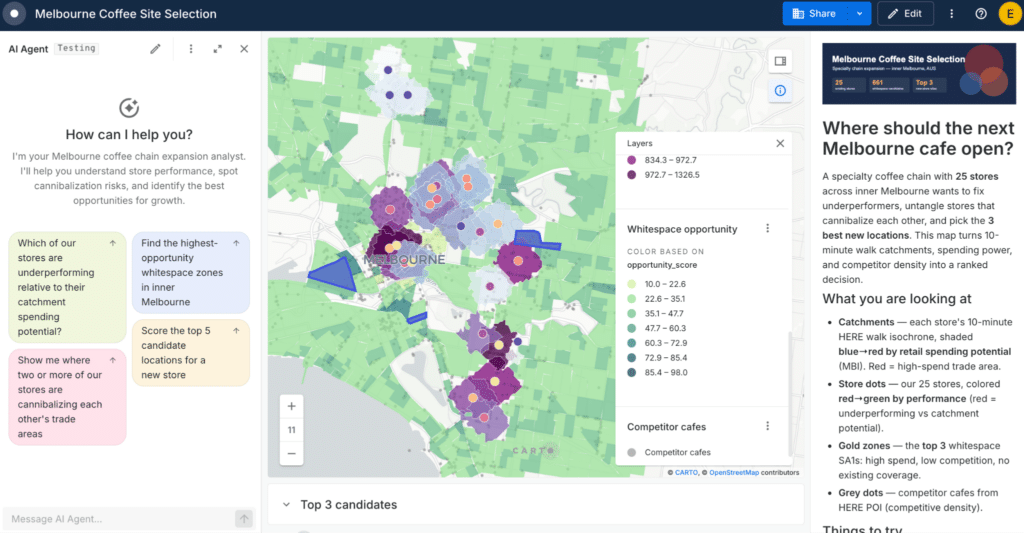 CARTO Agentic GIS zur Standortplanung einer Kaffeekette in Melbourne. MBI einzelhandelsrelevante Kaufkraft und HERE Wettbewerberdaten helfen, attraktive Gebiete und potenzielle neue Standorte zu identifizieren.