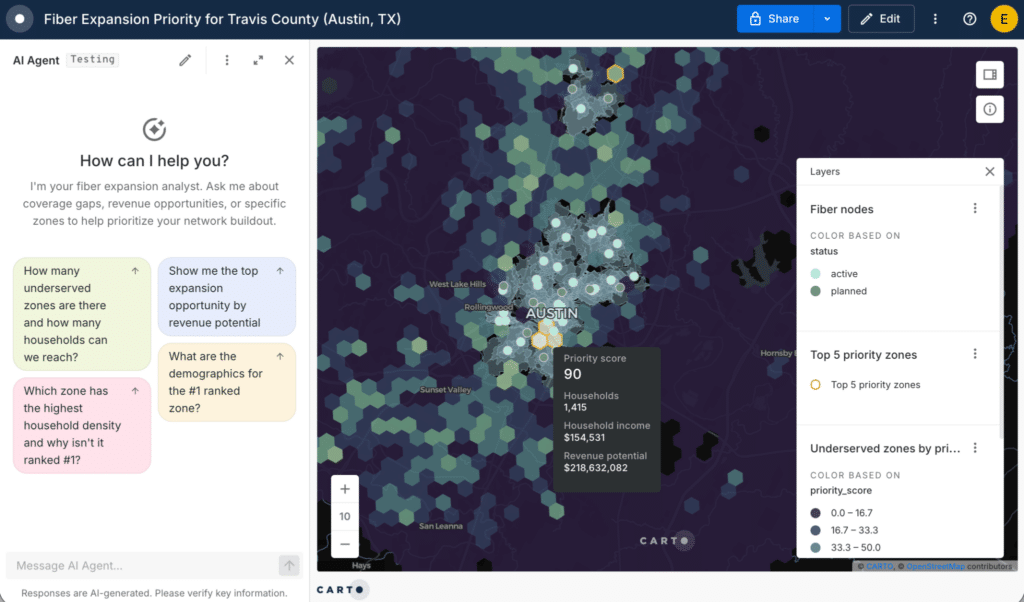 CARTO Agentic GIS zur Planung des Glasfaserausbaus in Travis County, Texas. Die Analyse visualisiert unterversorgte Gebiete, Haushaltsdaten, Umsatzpotenzial und priorisierte Zonen für den Netzausbau.