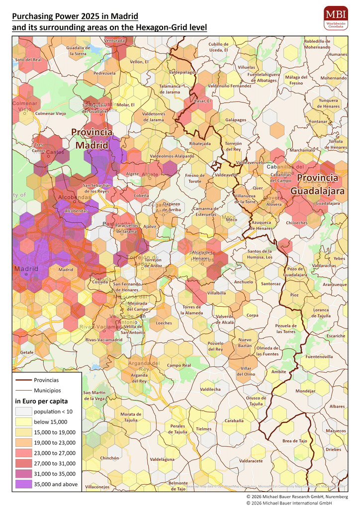 MBI Kaufkraft 2025 für Madrid und Umgebung, visualisiert auf Hexagonraster-Ebene in Euro pro Kopf.