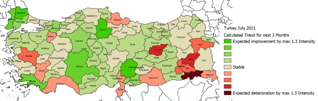 Map showing the calculated trend values for the next three months