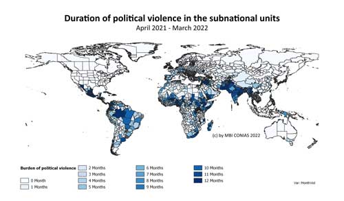 Weltkarte mit der Dauer politischer Gewalt in den subnationalen Einheiten