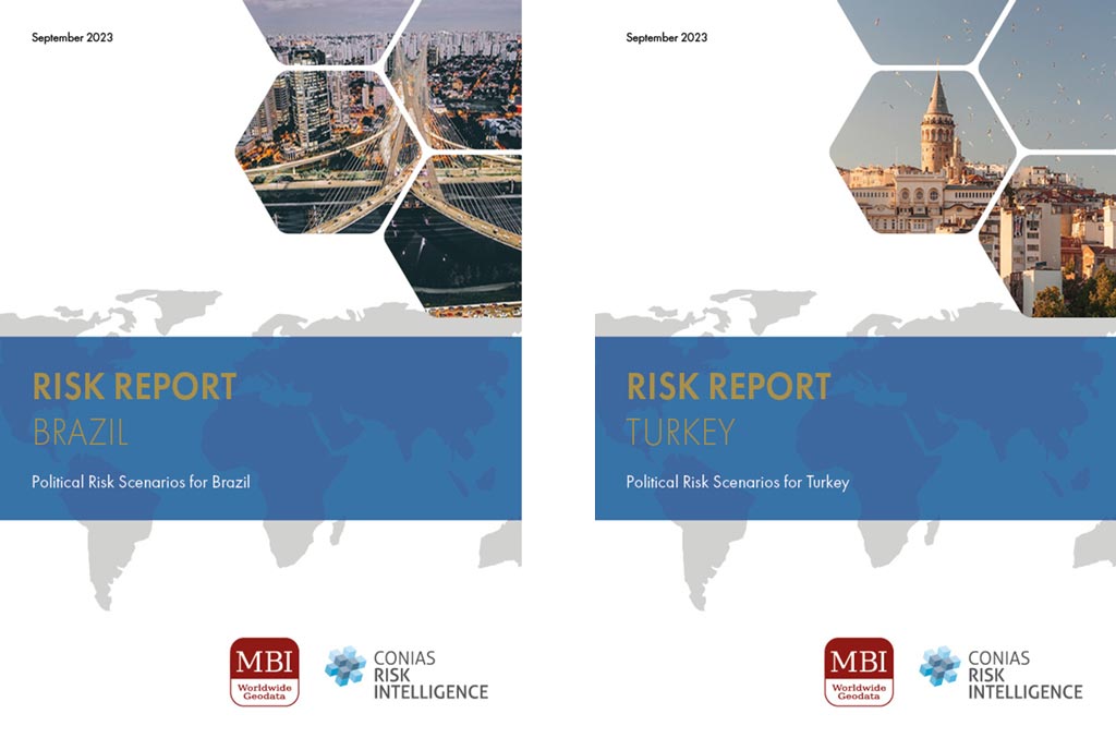 Cover of the risk reports with political risk scenarios for Turkey and Brazil.
