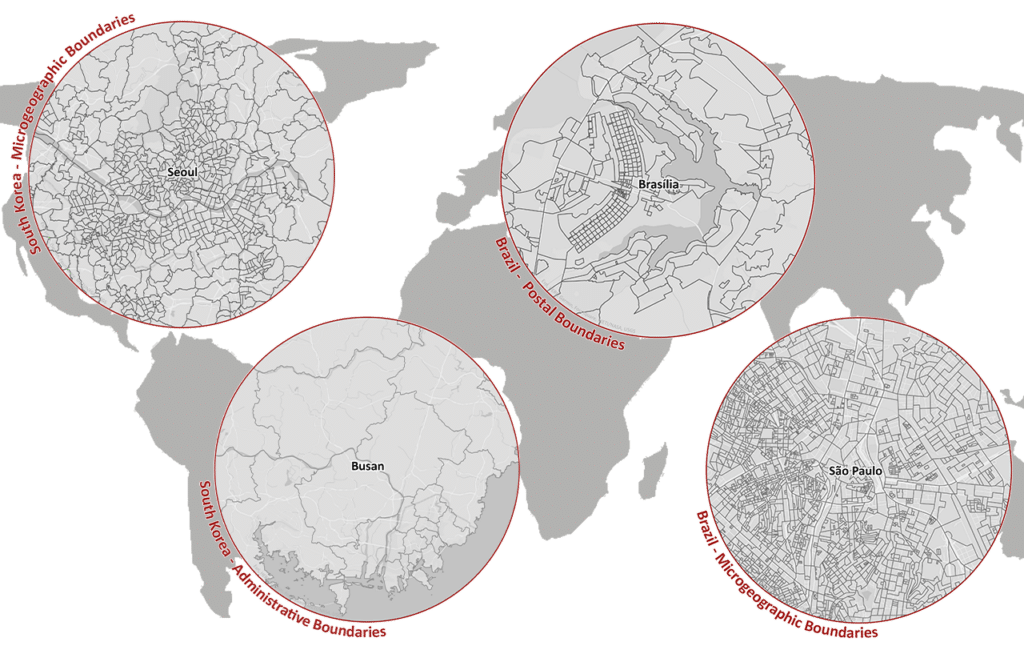 Exemplary visualization of administrative, postal and microgeographic boundaries