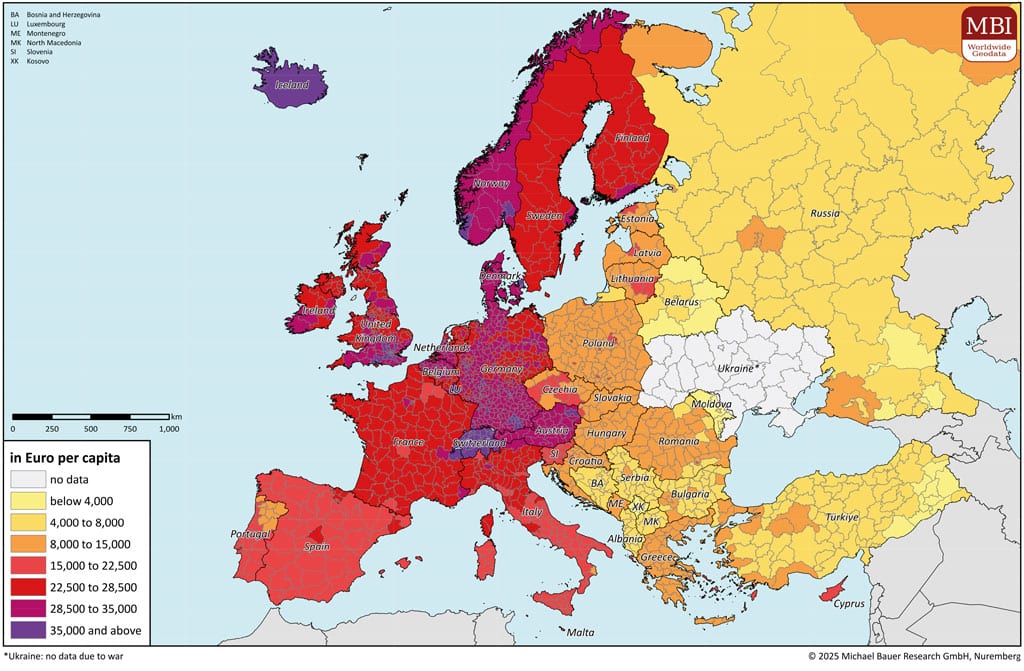 Purchasing Power Map of Europe with Purchasing Power Per Capita 2025
