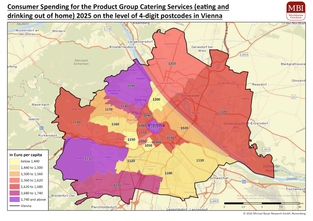 Map showing the MBI Consumer Spending data for the product group catering services (eating and drinkign out of home) 2025 on the level of 4-digit postcodes in Vienna