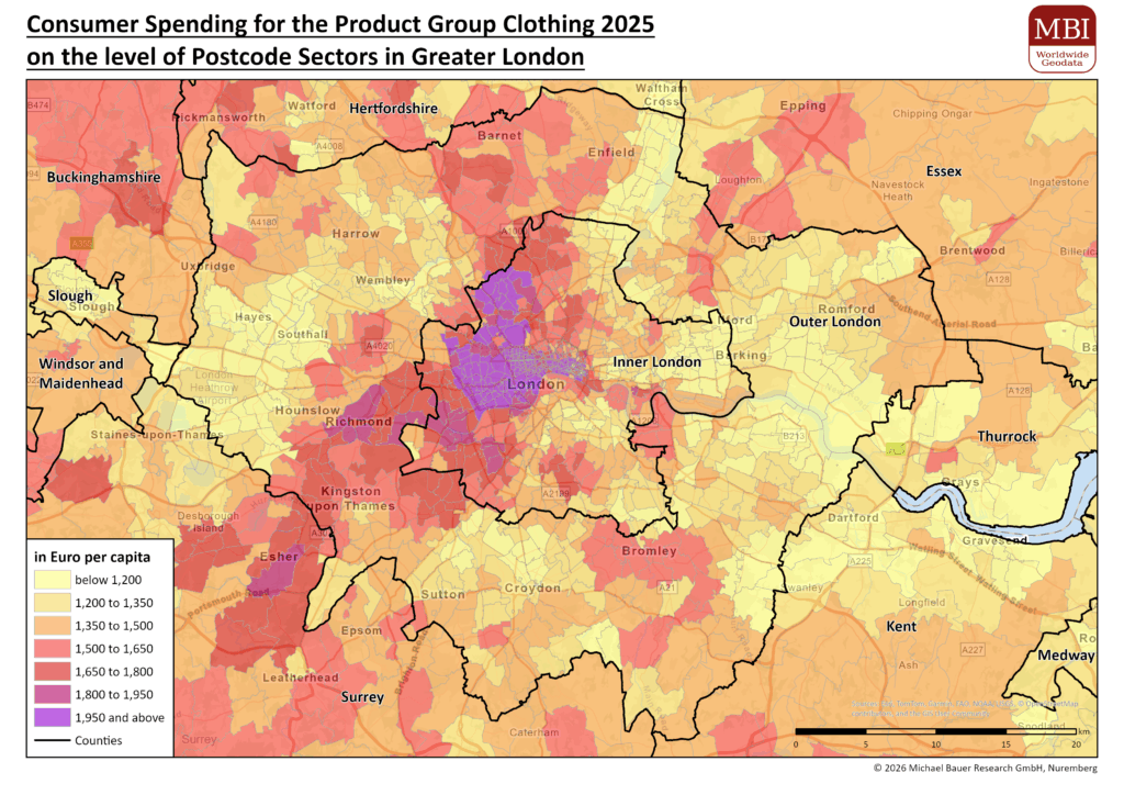 Map showing the MBI Consumer Spending data for the product group clothing 2025 on the level of postcode sectors in Greater London