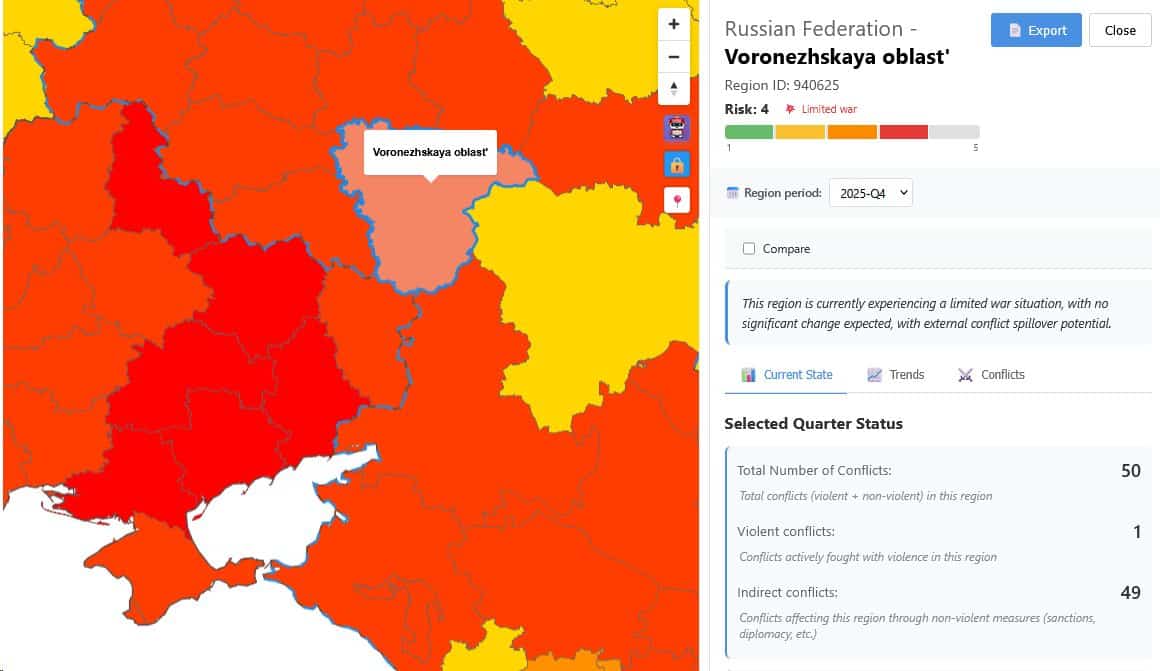 The geopolitical conflict dashboard shows a part of Russia at the regional level.