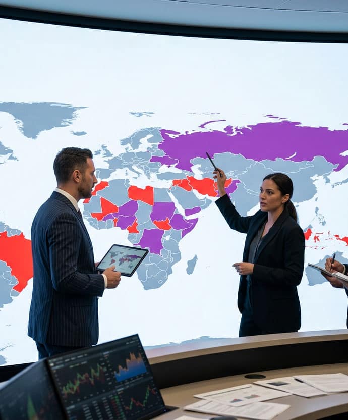 Analysts are standing in front of a world map on which the political risk indicator is plotted.