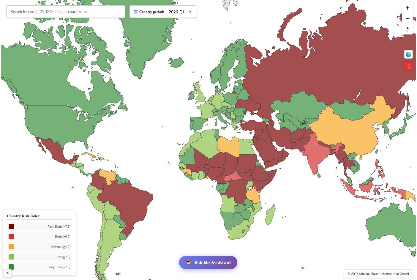 World map showing the country risk index color-coded according to 5 conflict levels in the SUSAFE Geopolitical Risk Dashboard. National view.