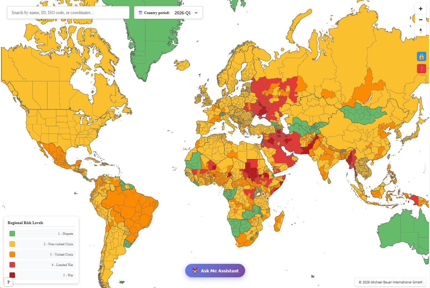 World map showing conflicts color-coded according to 5 conflict levels in the SUSAFE Geopolitical Risk Dashboard. Regional view.