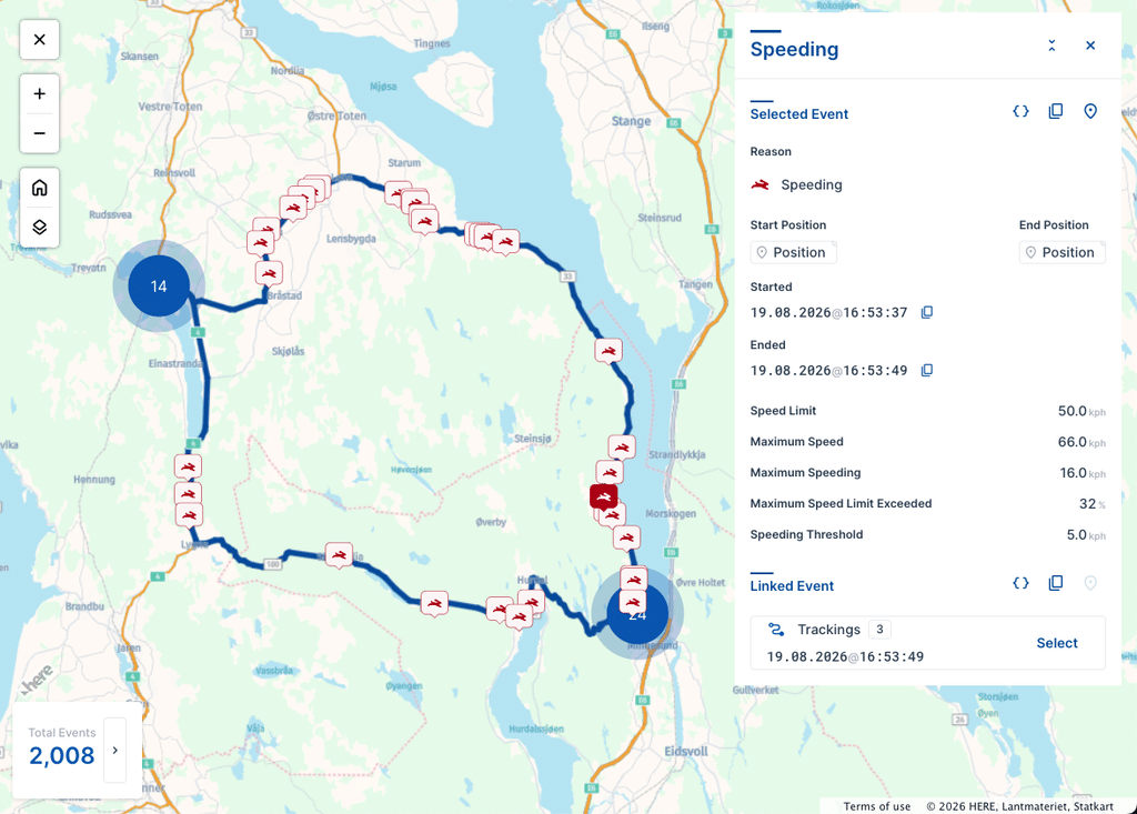 Screenshot of INVERS Driving Analysis showing detected speeding events along a vehicle's route on a HERE map, with details including speed limits, maximum speed and speeding duration.